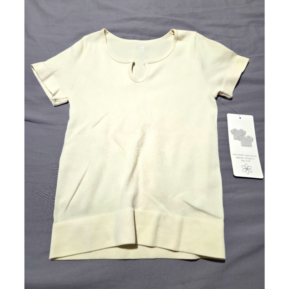 Aura Seamless Ribbed Keyhole Top Womens Size S/M Cream Short Sleeve Shirt NWT